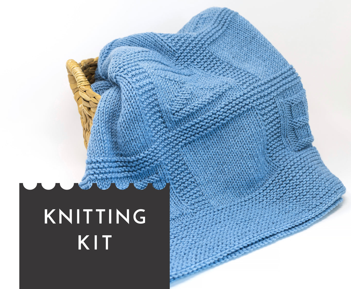 Blue merino wool yarn hand-knitted baby blanket in geometrical knitting pattern