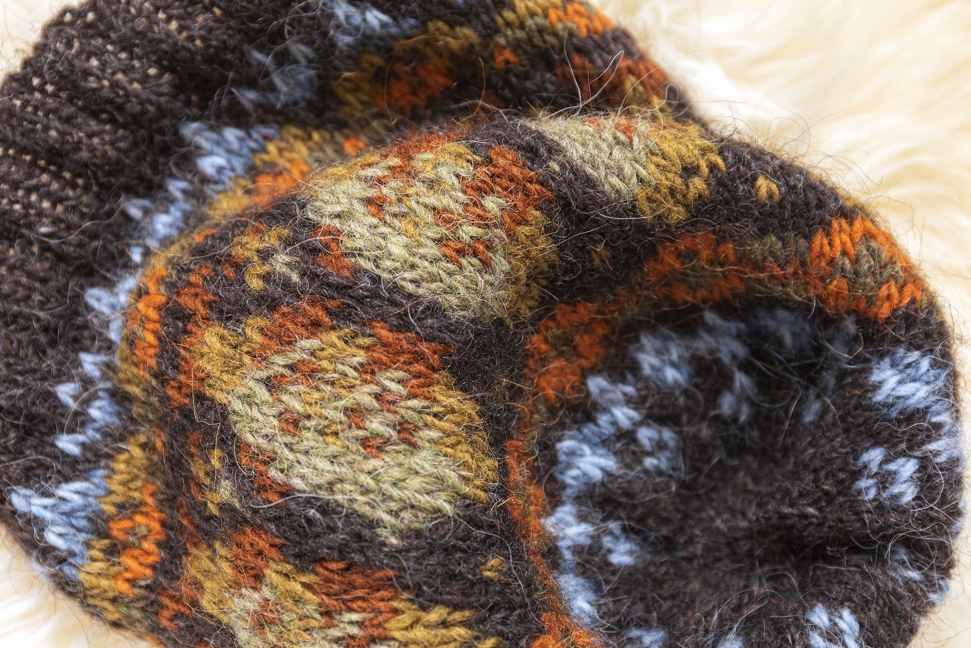 Close-up of a crown of hand-knitted Lofoten fish beanie hat