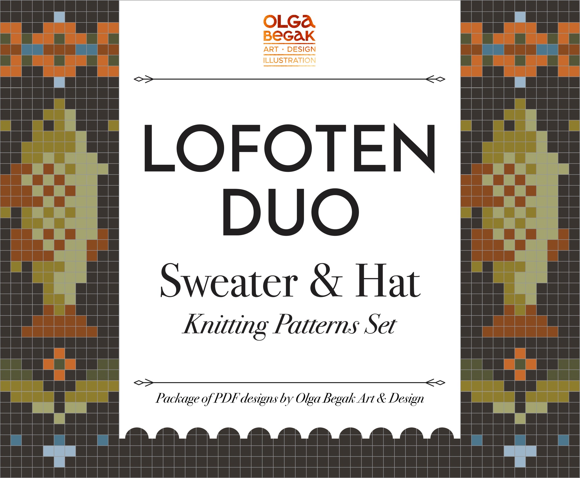 A promotional graphic for Lofoten Cod Fish Duo for sweater and hat knitting patterns