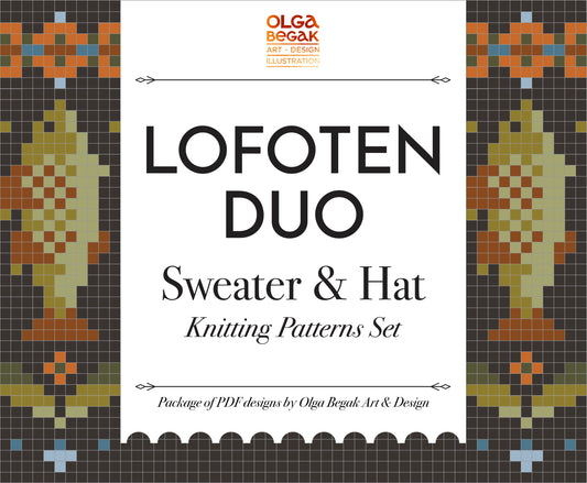 A promotional graphic for Lofoten Cod Fish Duo for sweater and hat knitting patterns