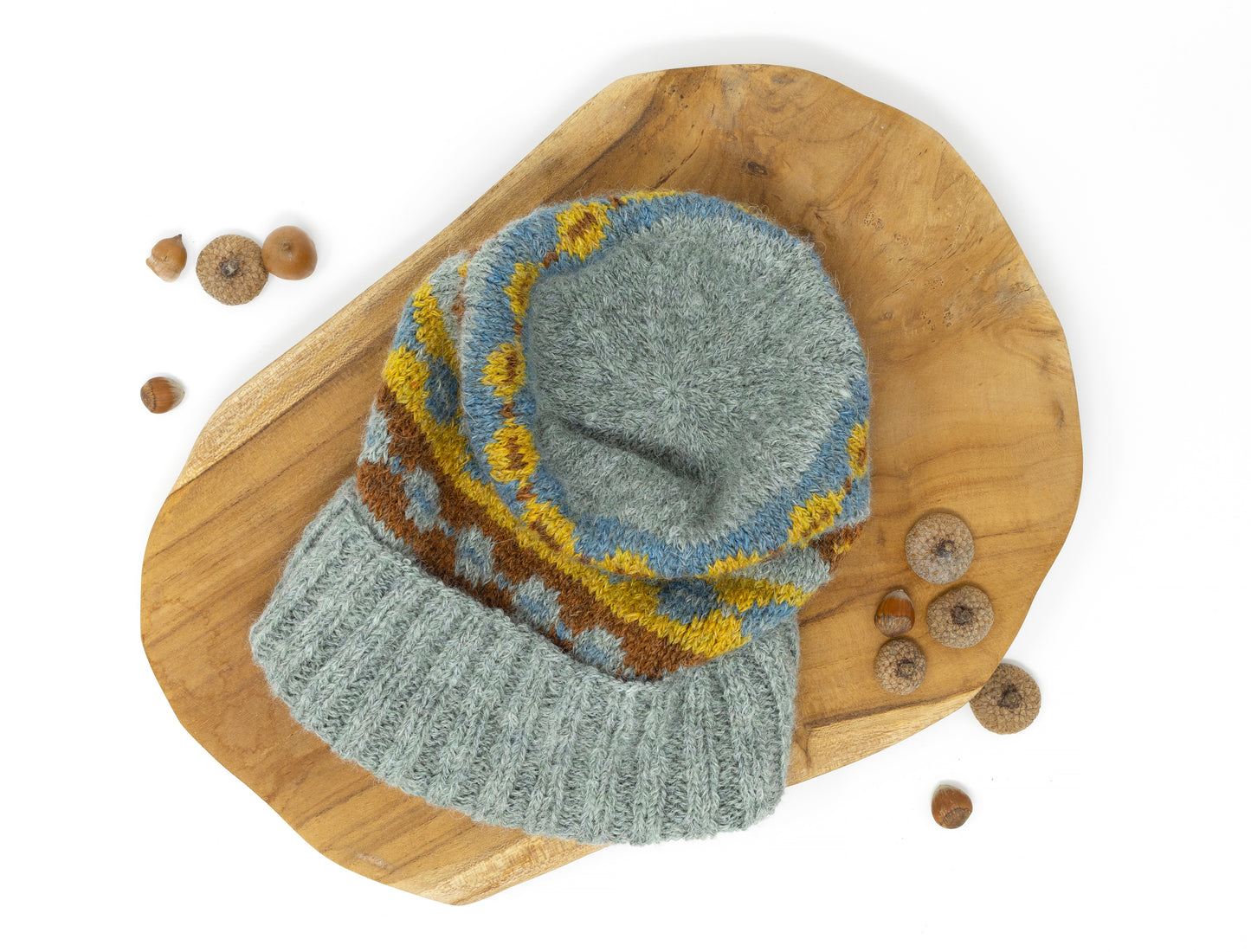 Grey, brown, yellow and blue alpaca wool hand-knitted Fair Isle hat