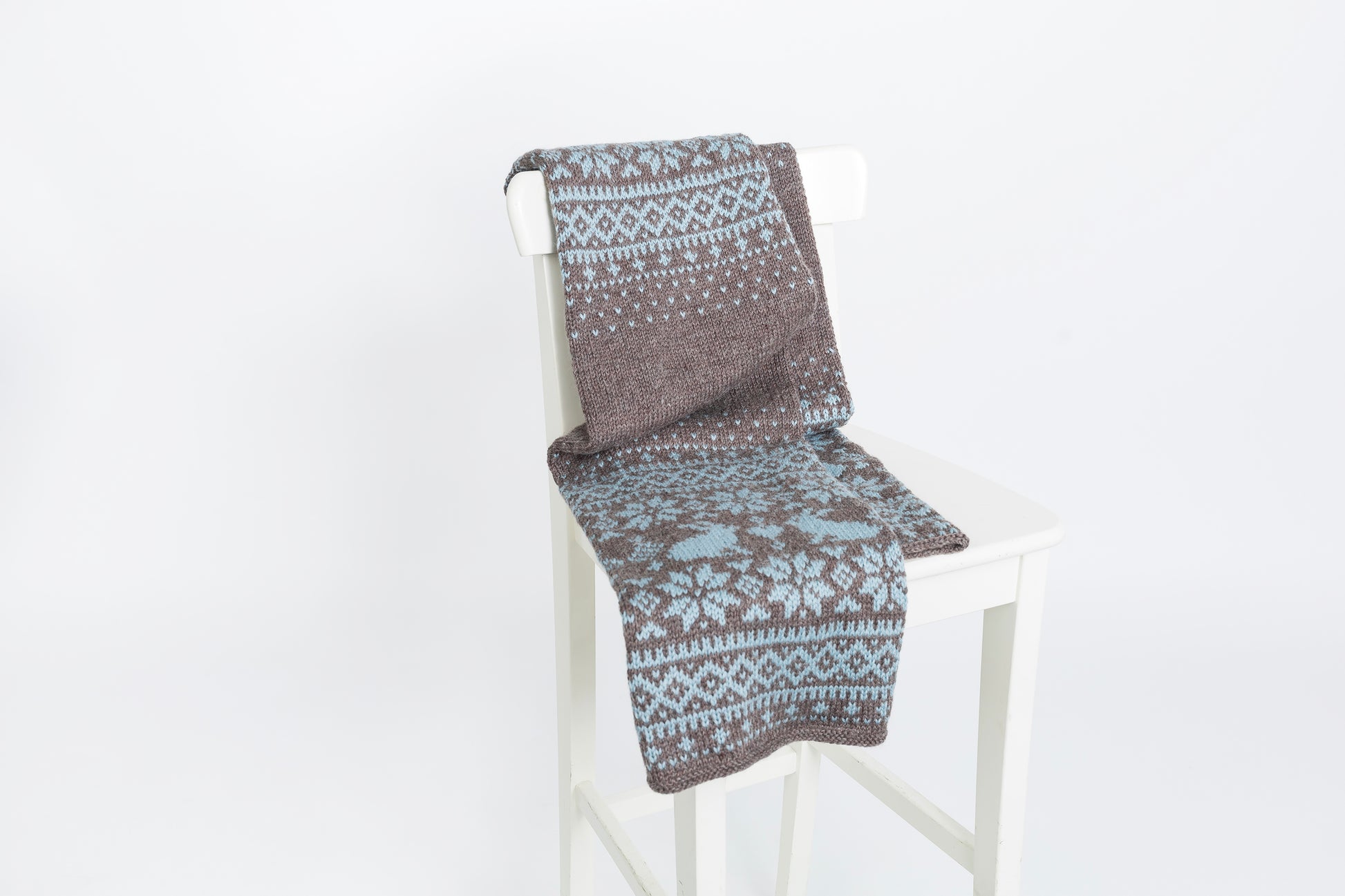 Brown and grey blue wool hand-knitted long Fair Isle scarf in Bunny Rabbit pattern