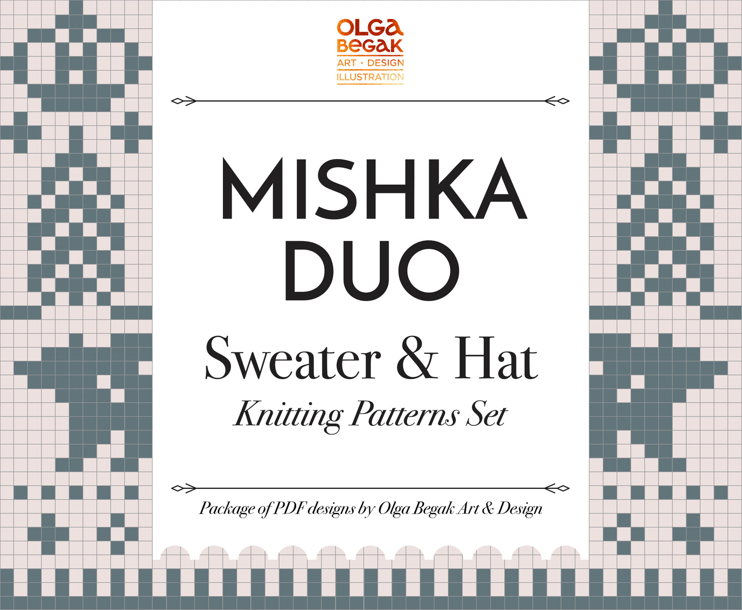 Mishka The Bear Duo sweater and hat knitting patterns set with Olga Begak branding