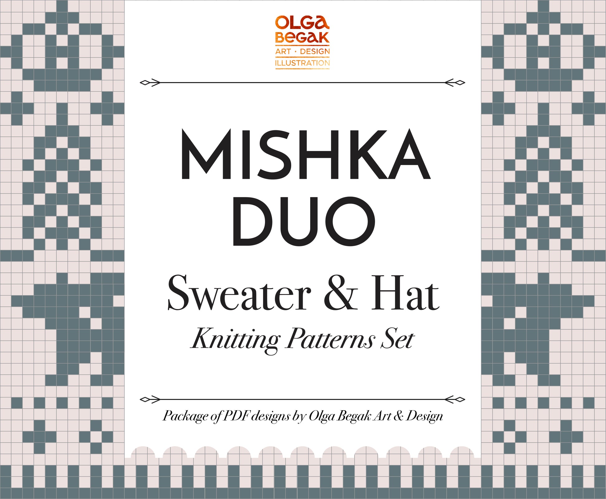 Mishka The Bear Duo sweater and hat knitting patterns set with Olga Begak branding