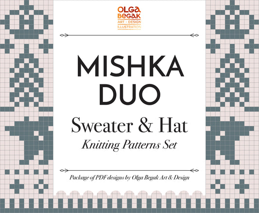 Mishka The Bear Duo sweater and hat knitting patterns set with Olga Begak branding