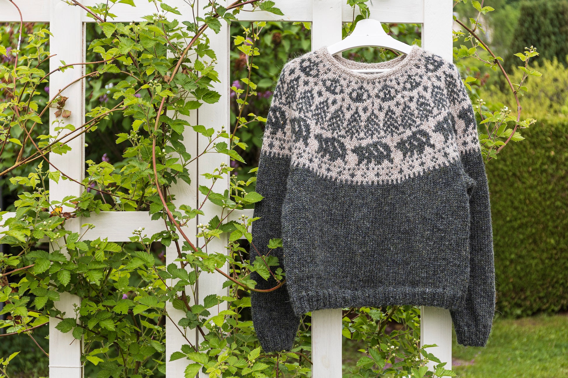 Mishka The Bear icelandic lopapeysa sweater with a patterned design hanging on a white railing in a garden.