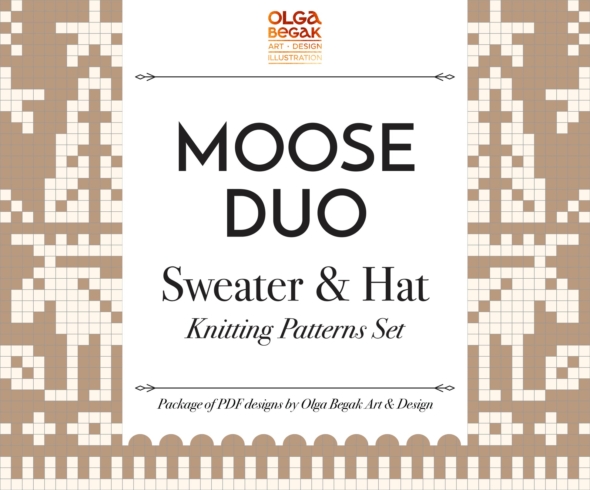 Promotional graphic for the 'Moose Duo Sweater & Hat Knitting Patterns Set' by Olga Begak Art & Design, featuring a white central panel with black text and colorful moose knit pattern borders on the left and right sides.