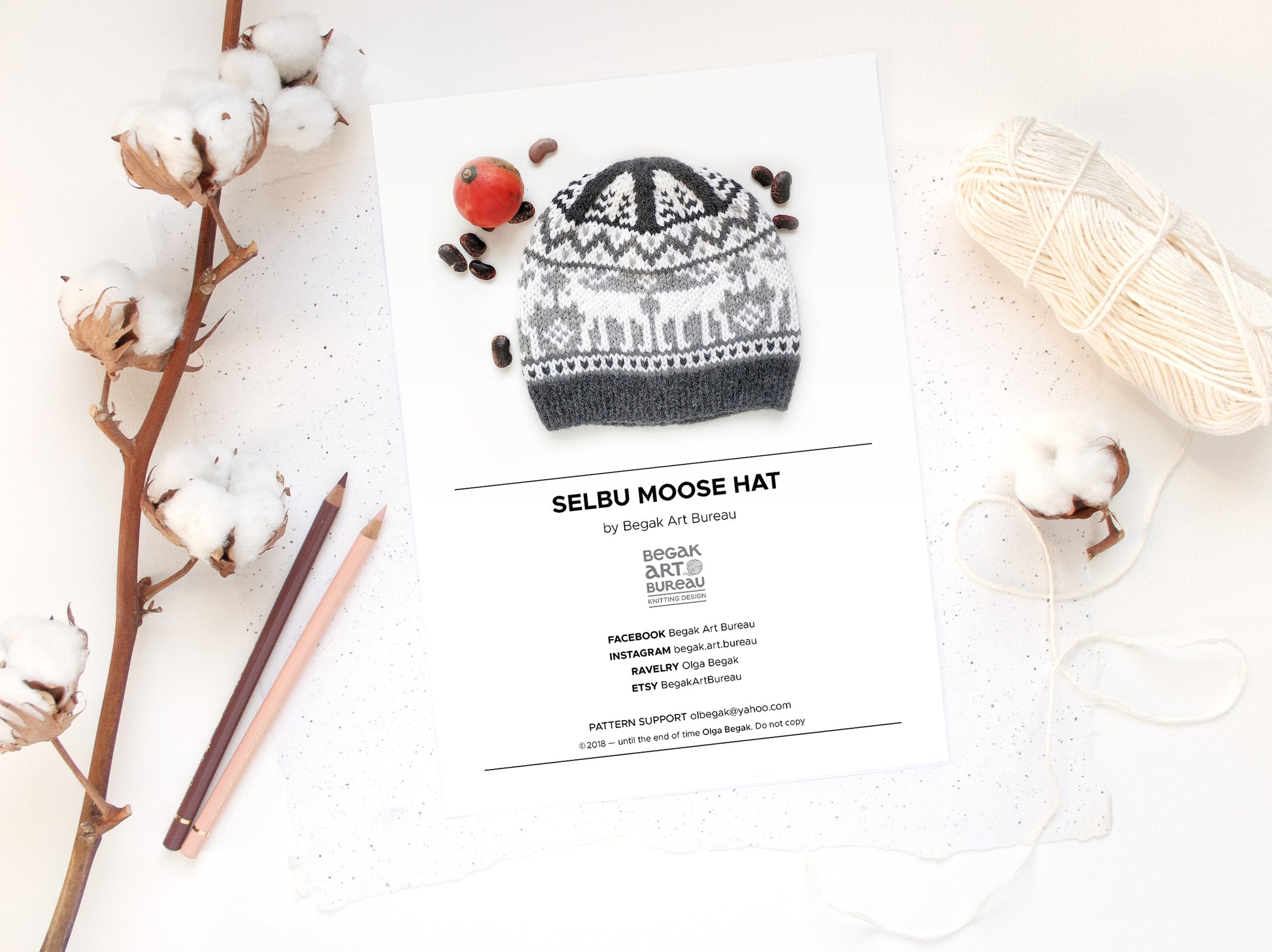 Moose Selbu hat knitting pattern booklet accompanied with yarn ball, pencils and dryed cotton branch