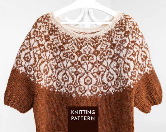 front view of Mora Icelandic lopapeysa sweater with floral colorwork yoke