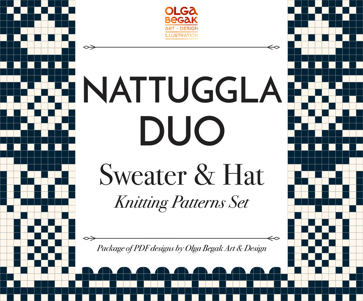 Promotional graphic for the 'Nattuggla Duo' sweater and hat knitting patterns set by Olga Begak.