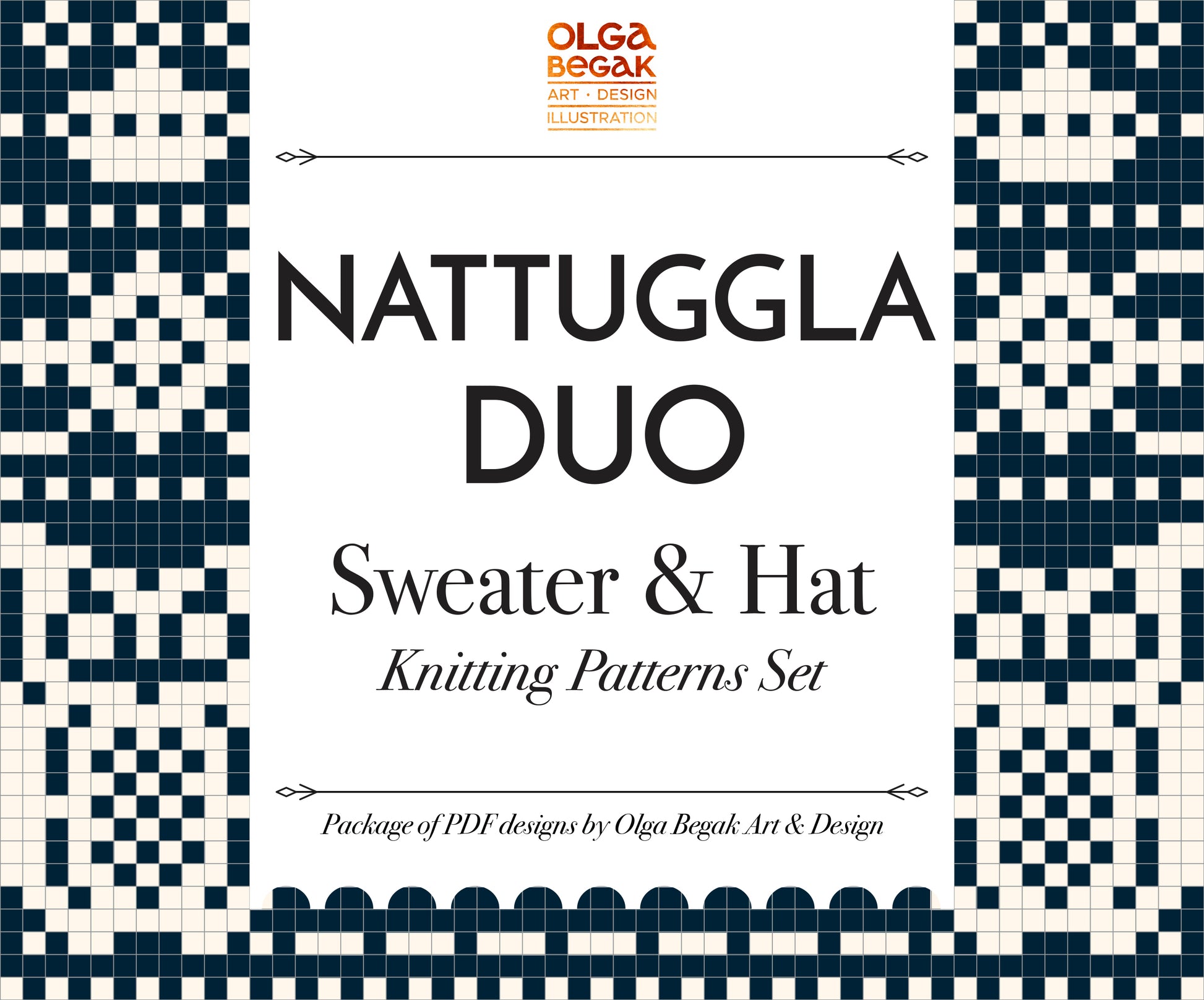 Promotional graphic for the 'Nattuggla Duo' sweater and hat knitting patterns set by Olga Begak.