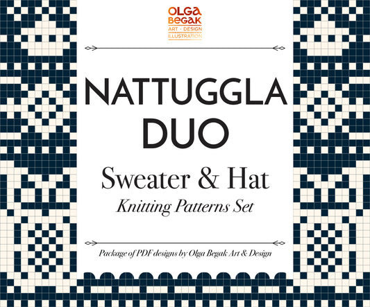 Promotional graphic for the 'Nattuggla Duo' sweater and hat knitting patterns set by Olga Begak.