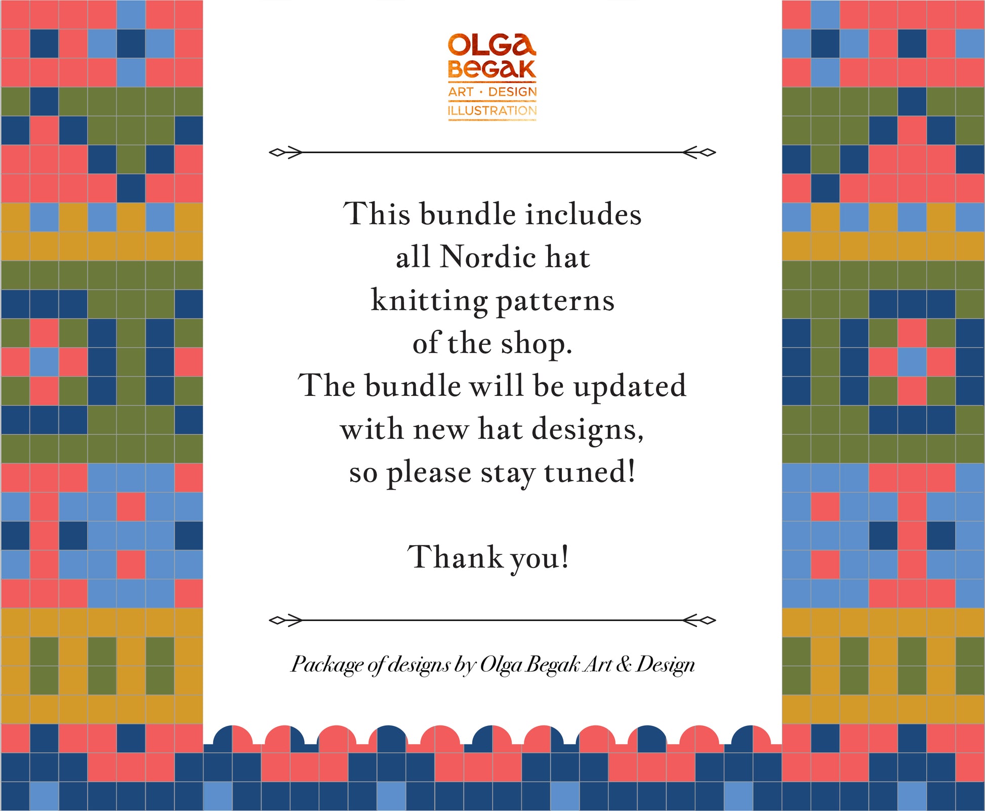 A promotional graphic for Olga Begak Art & Design Illustrations, featuring a central white text panel with black lettering about knitting patterns and a colorful Nordic geometric border design on both sides.