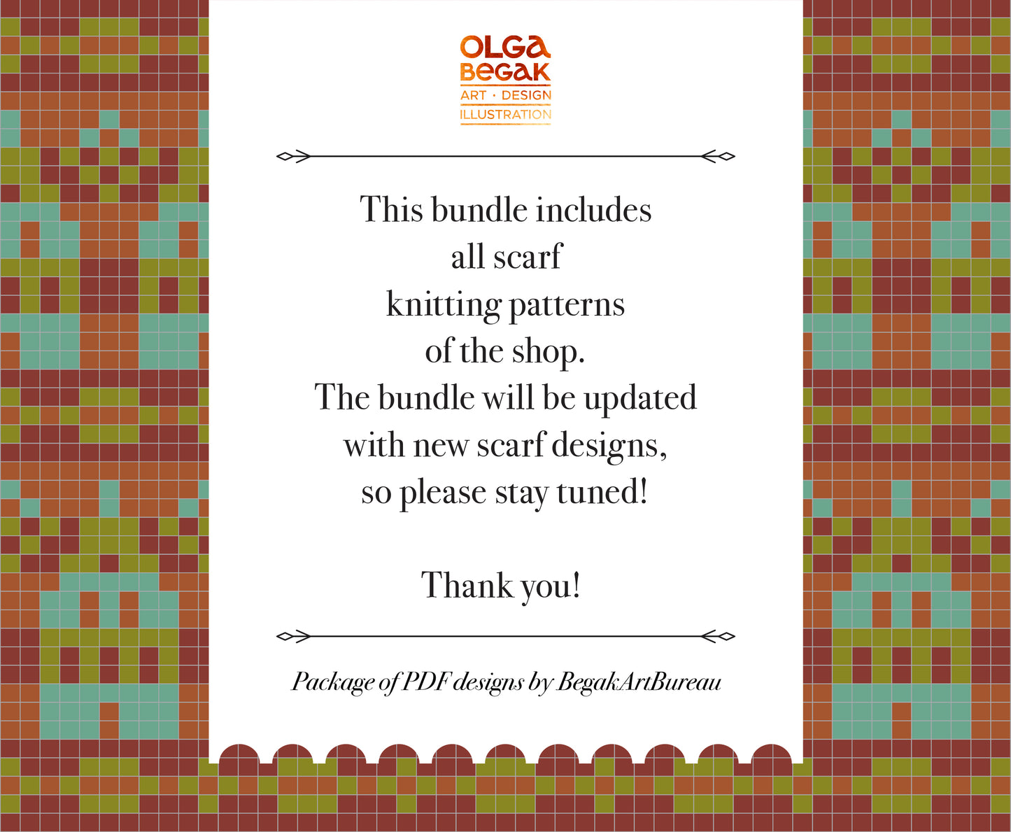 Promotional graphic for scarf knitting patterns with a colorful Fair Isle pattern and Olga Begak branding.