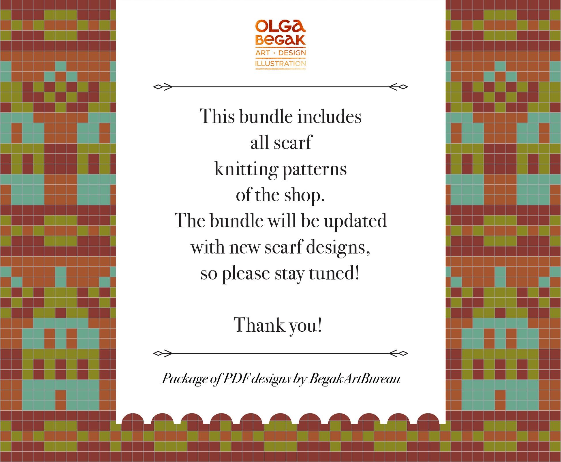Promotional graphic for scarf knitting patterns with a colorful Fair Isle pattern and Olga Begak branding.