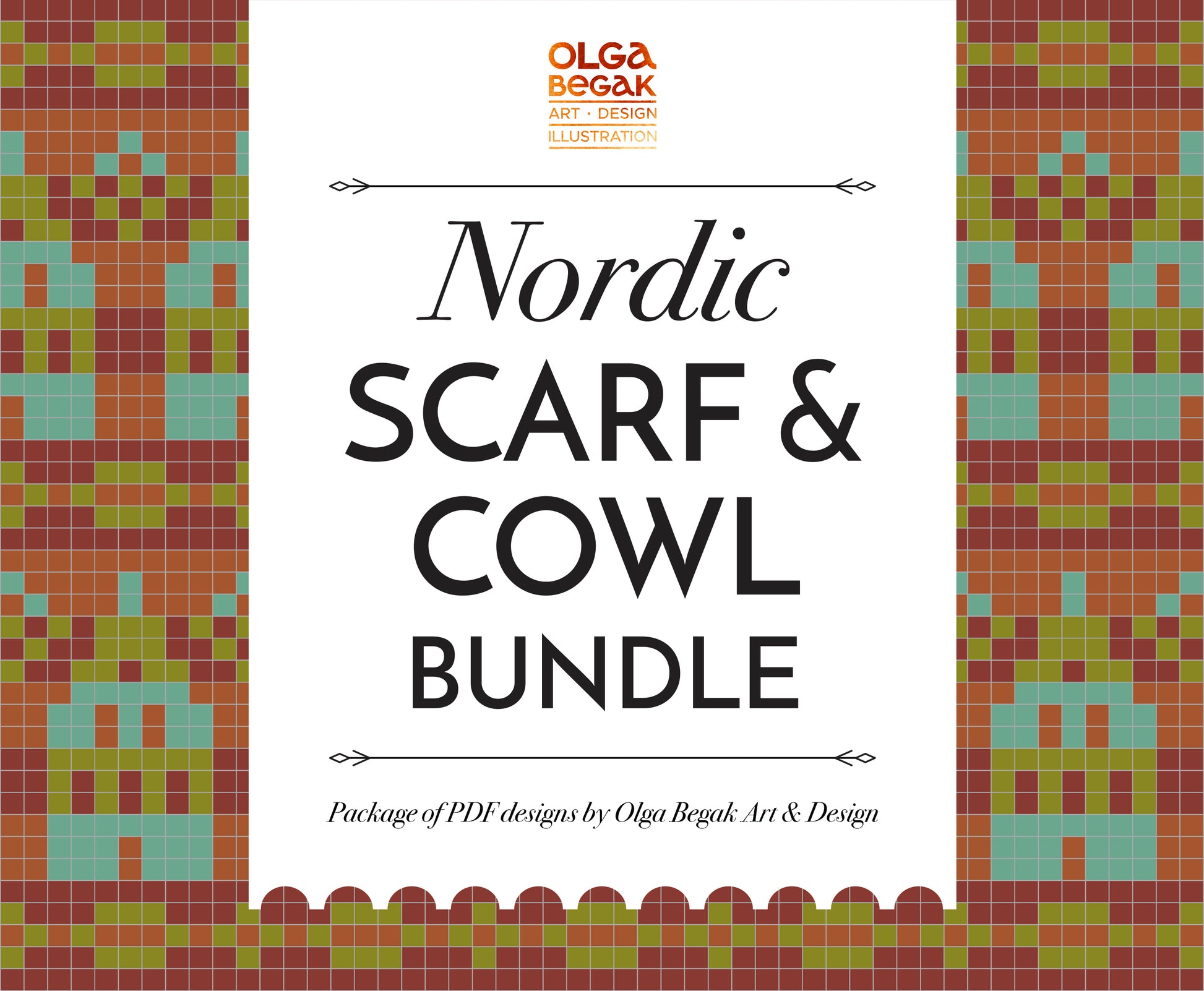 Promotional graphic for a 'Nordic SCARF & COWL BUNDLE' by Olga Begak Art & Design Illustrations, featuring a central white text panel framed by a geometric Fair Isle pattern in brick red, green, and teal.
