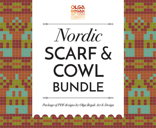 Promotional graphic for a 'Nordic SCARF & COWL BUNDLE' by Olga Begak Art & Design Illustrations, featuring a central white text panel framed by a geometric Fair Isle pattern in brick red, green, and teal.