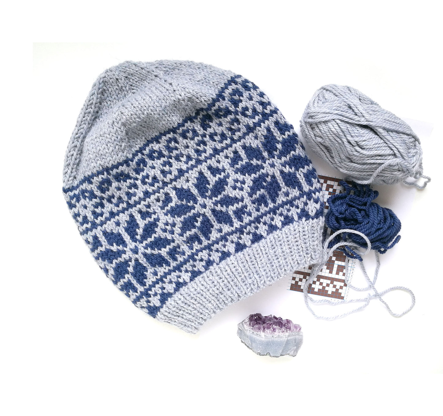 grey and blue wool hand-knitted Fair Isle beanie hat in Roses knitting pattern