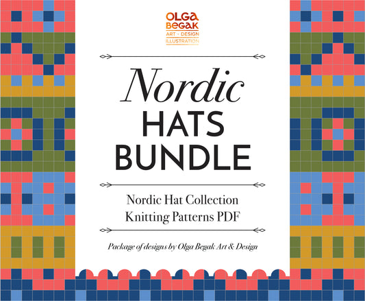 Promotional graphic for the 'Nordic Hats Bundle' by Olga Begak Art & Design Illustrations, featuring a white central panel with black text and colorful geometric knit pattern borders on the left and right sides.