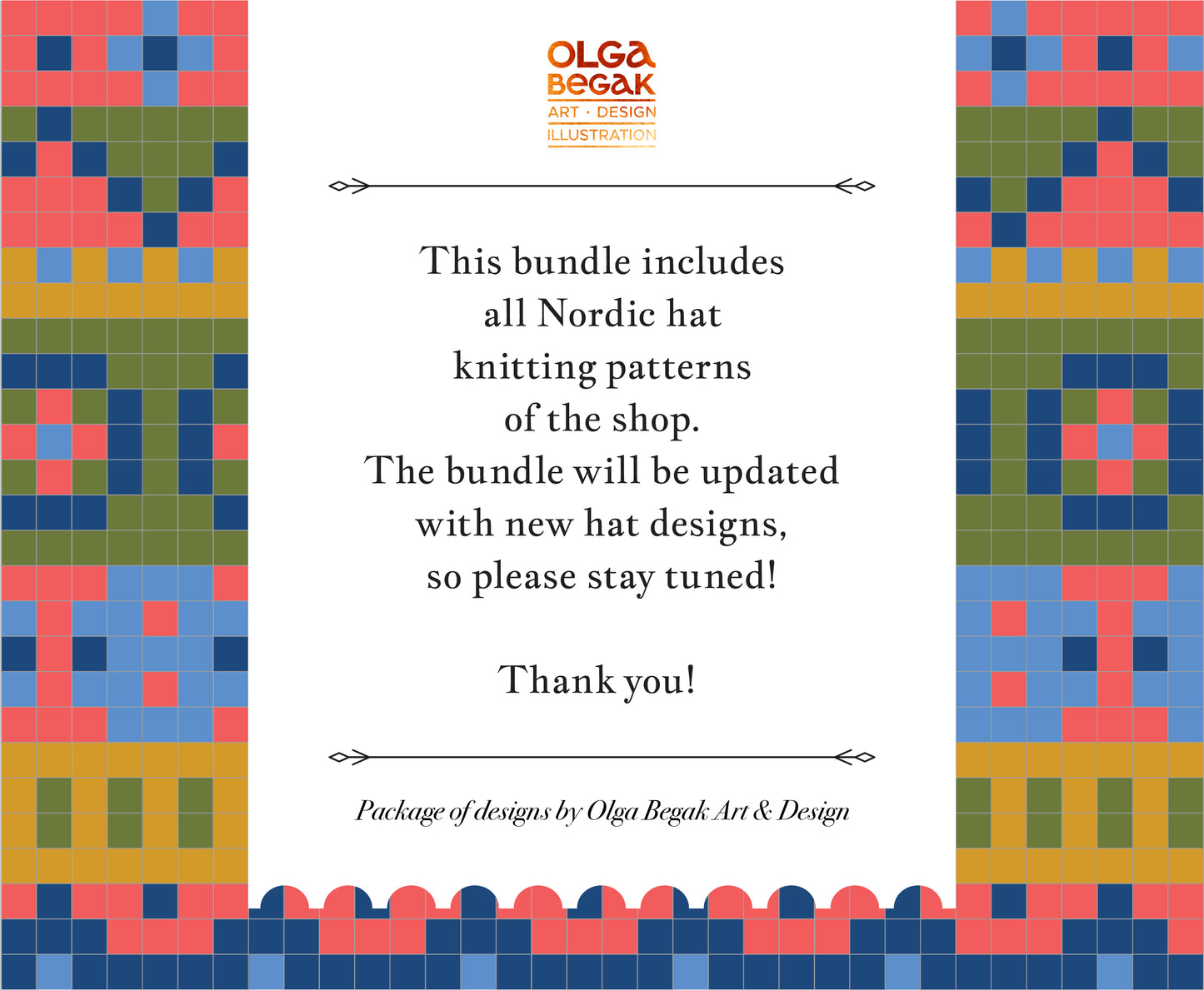 A promotional graphic for Olga Begak Art & Design Illustrations, featuring a central white text panel with black lettering about knitting patterns and a colorful Nordic geometric border design on both sides.