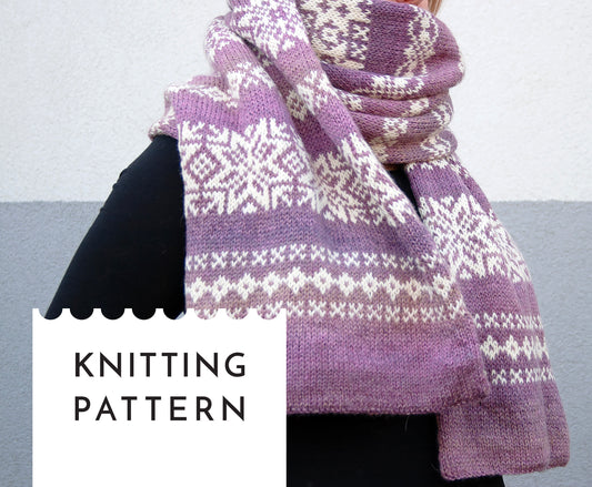 Knitted scarf with a pattern on a plain background, labeled 'Knitting Pattern'