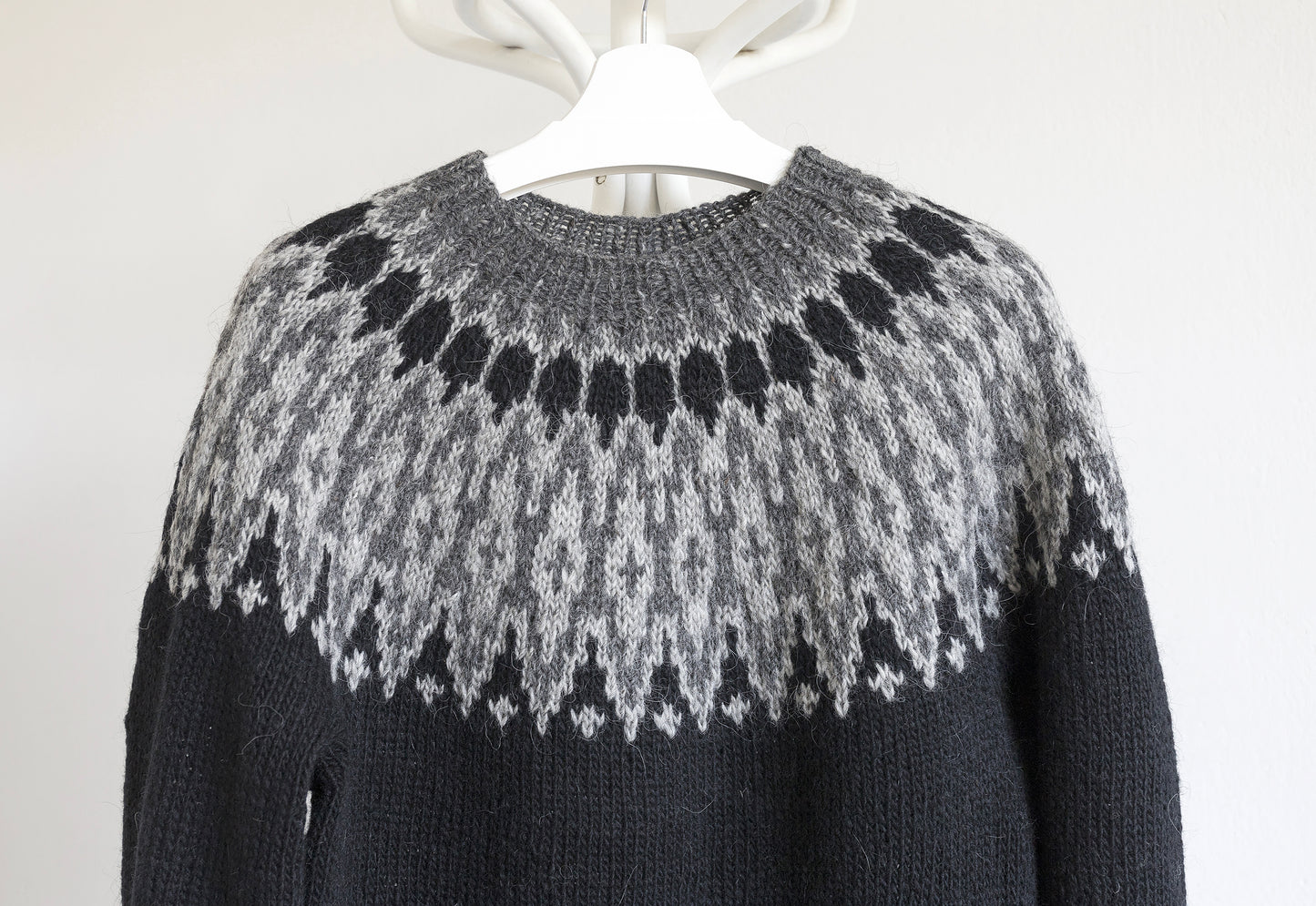 Close-up of Odin Icelandic sweater with colorwork yoke in shades of grey