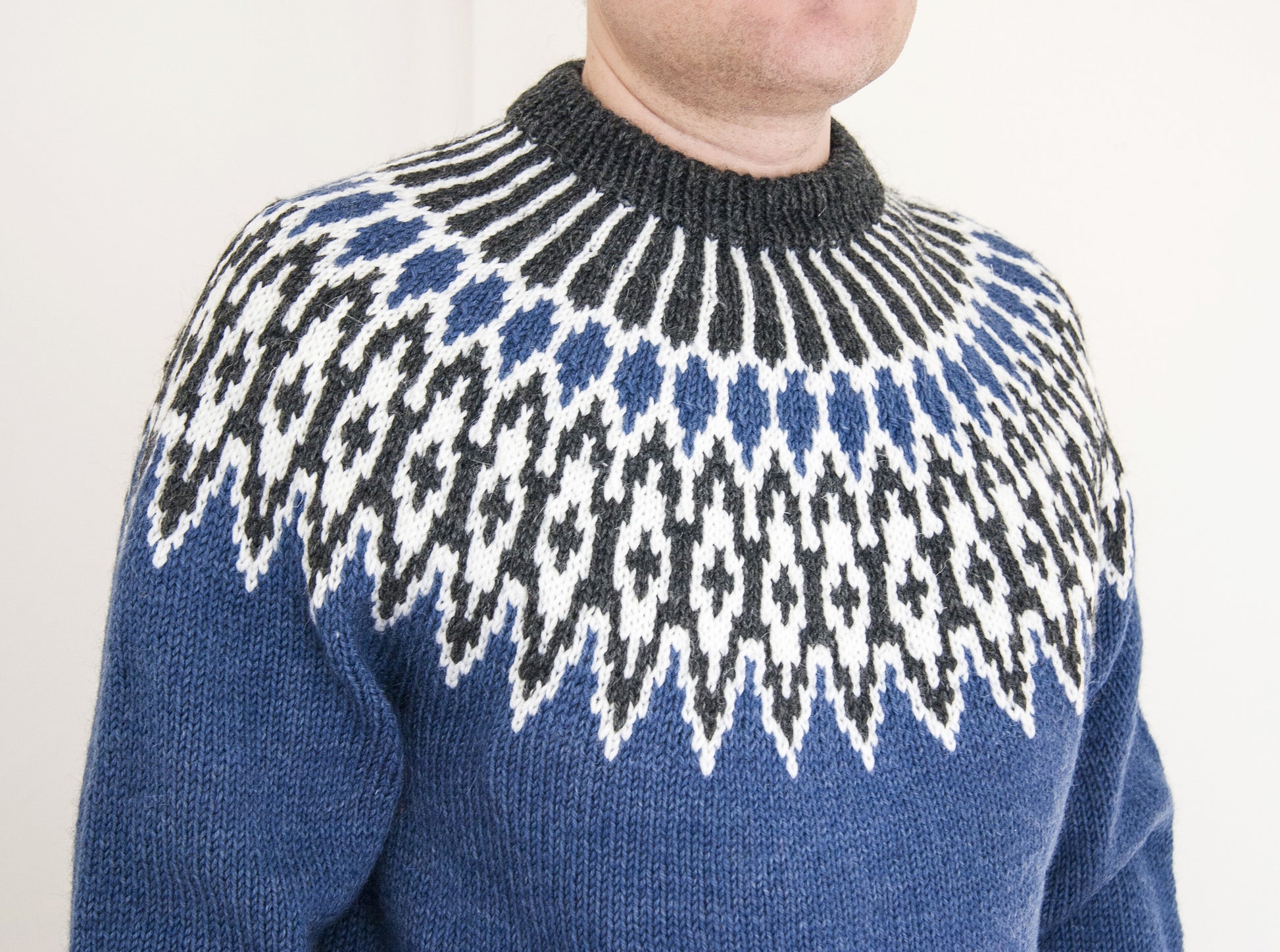 A person wearing a black and white hand-knitted Odin Icelandic lopapeysa sweater with a classic pattern.