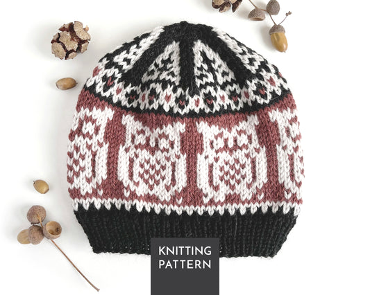 Qwl Selbu hat features an owl motif in black, chalk and bordeaux