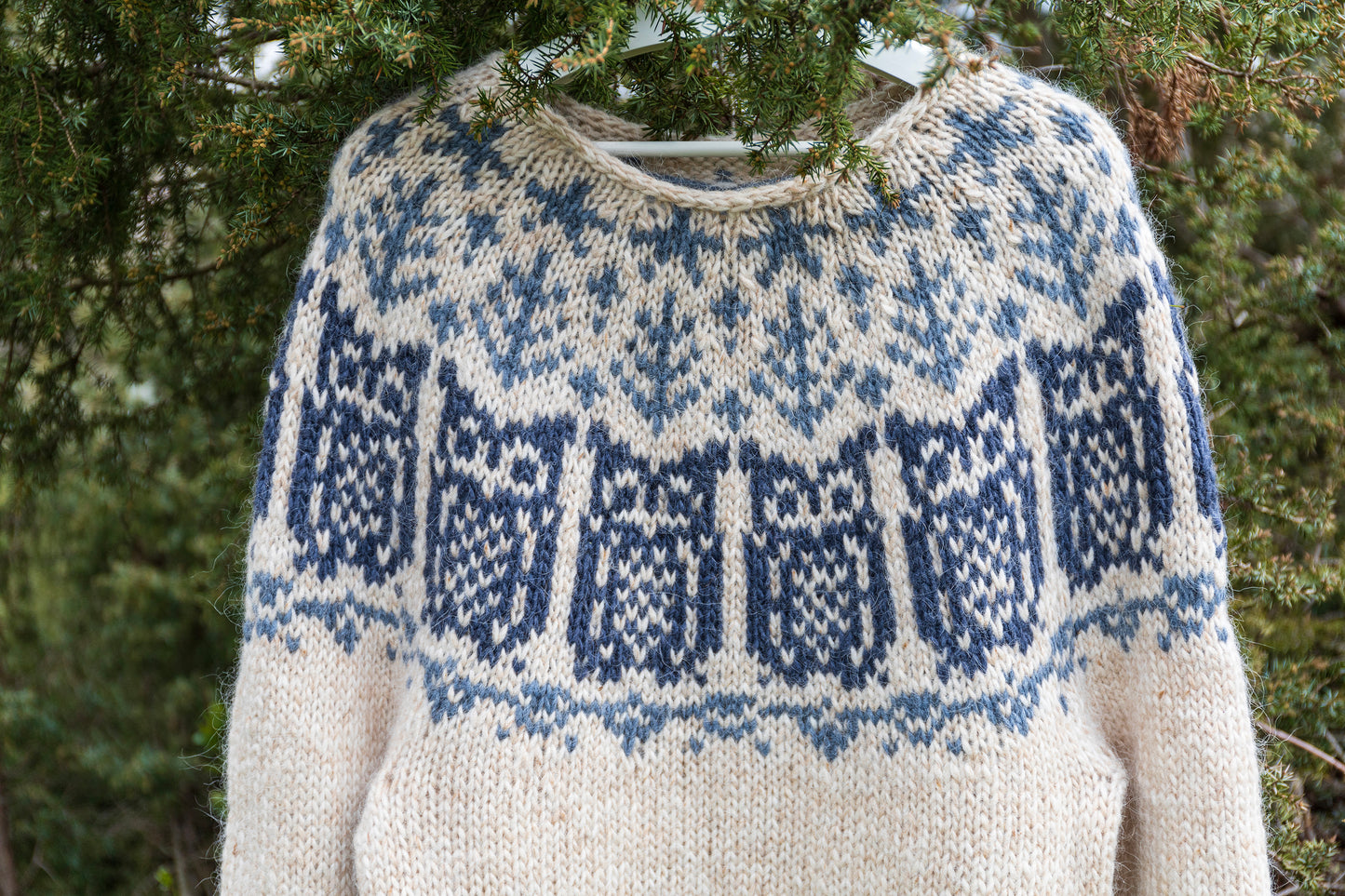 Close-up of Owl icelandic lopapeysa sweater with owls motifs yoke
