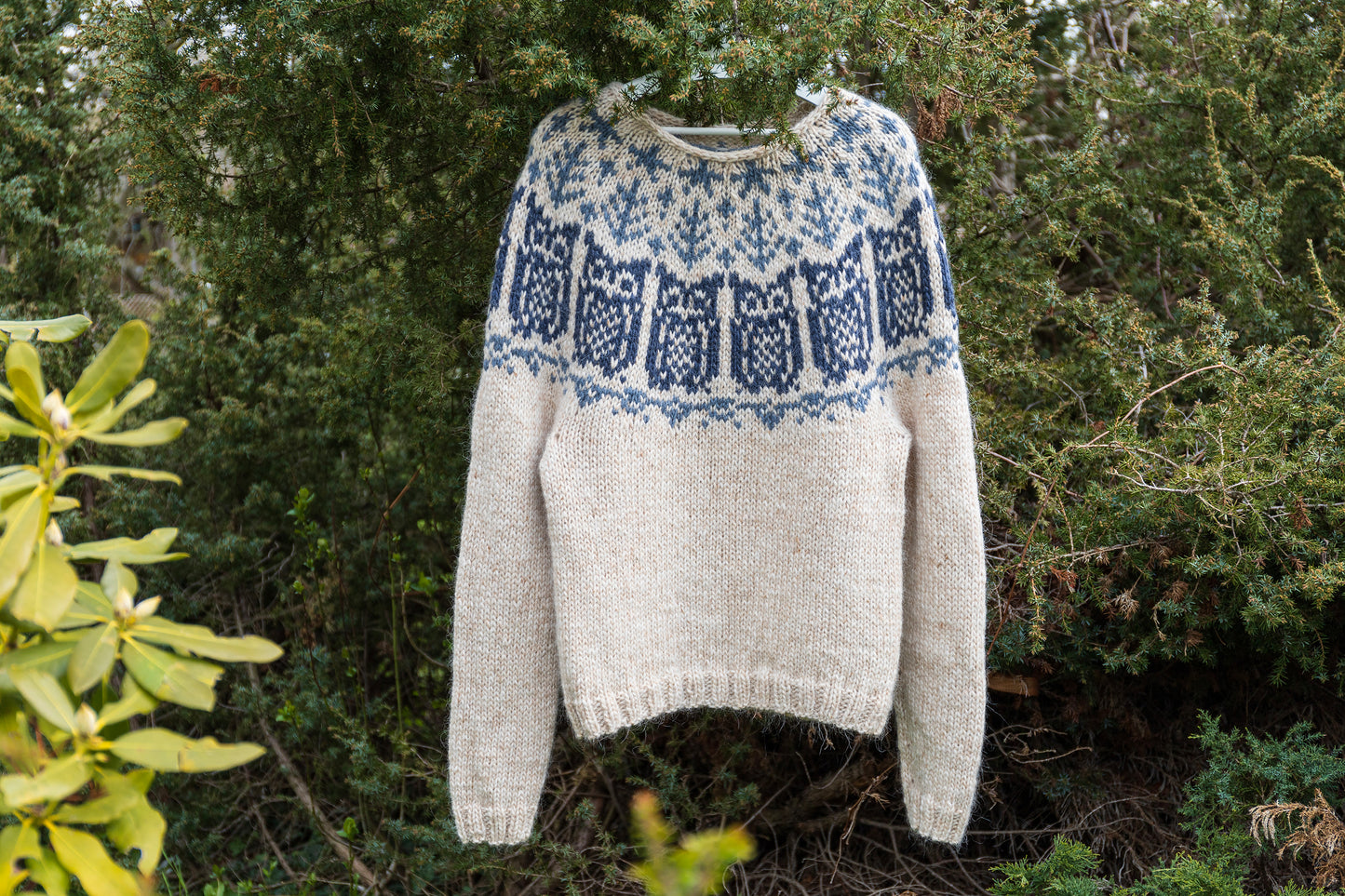 Owl icelandic lopapeysa sweater displayed in a garden against greenery background