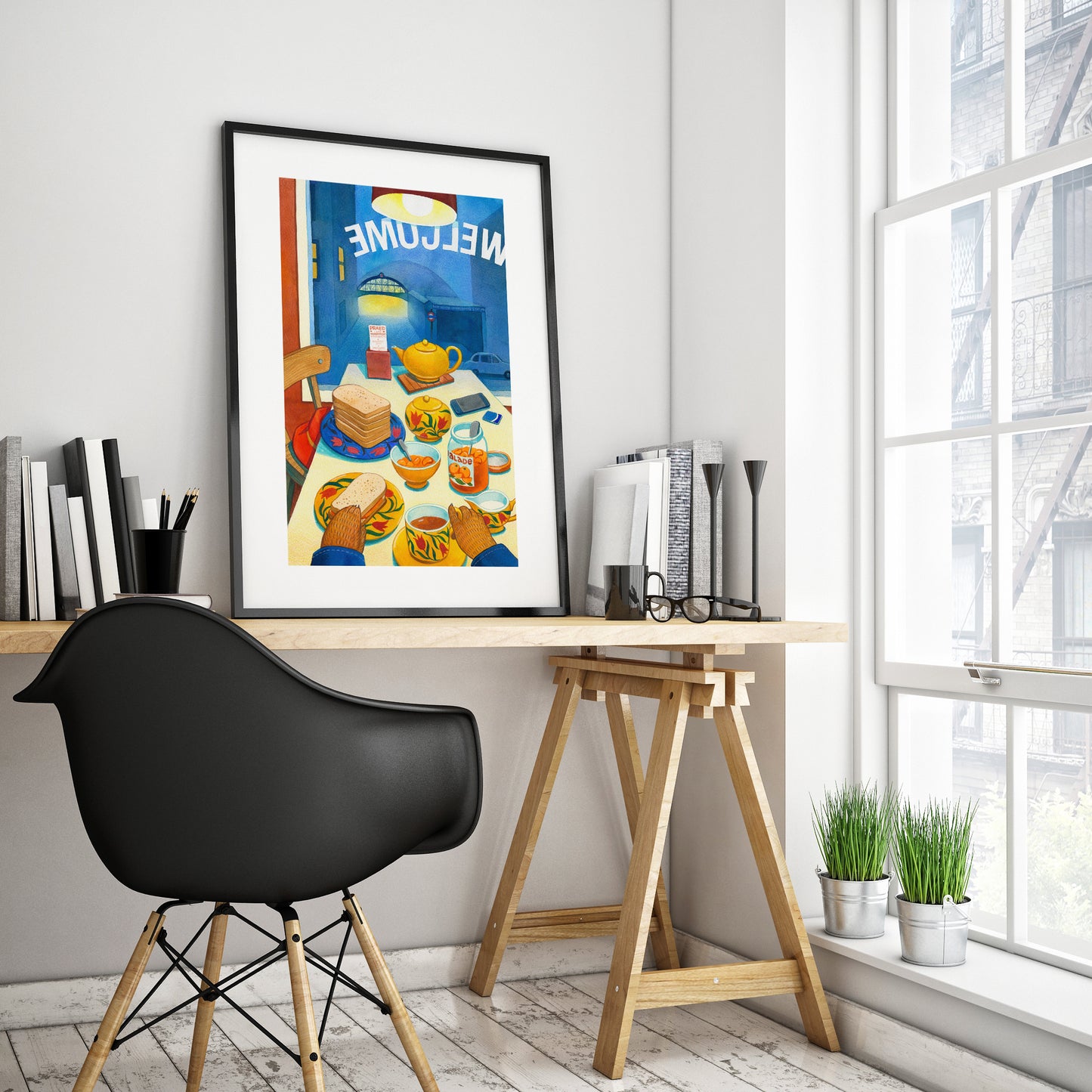 A Bear Drinking Tea in a London Cafe, Watercolor Painting Giclée Print