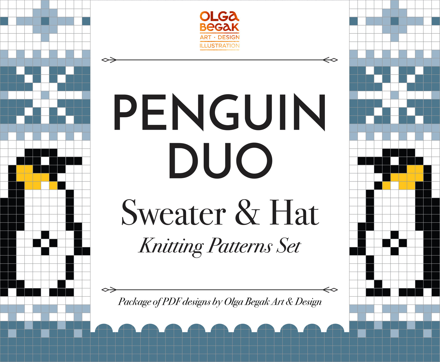 Cover of the knitting pattern set featuring two penguin designs for an Icelandic Lopapeysa sweater and hat.