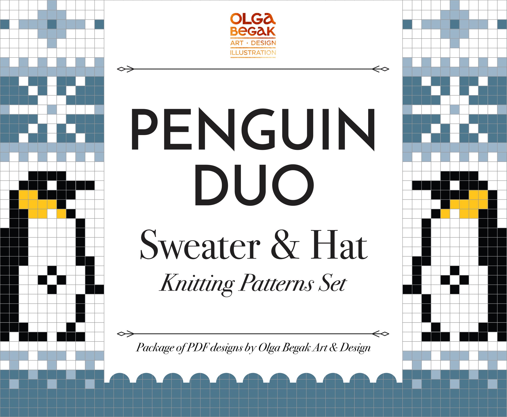 Cover of the knitting pattern set featuring two penguin designs for an Icelandic Lopapeysa sweater and hat.
