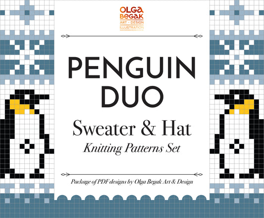 Cover of the knitting pattern set featuring two penguin designs for an Icelandic Lopapeysa sweater and hat.