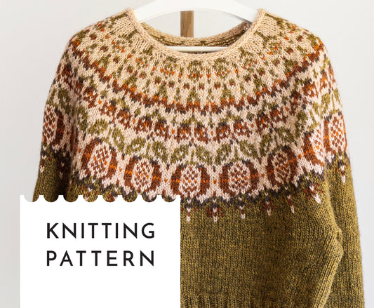 Knitted icelandic lopapeysa sweater with pomegranate pattern on a white background, labeled 'Knitting Pattern'.