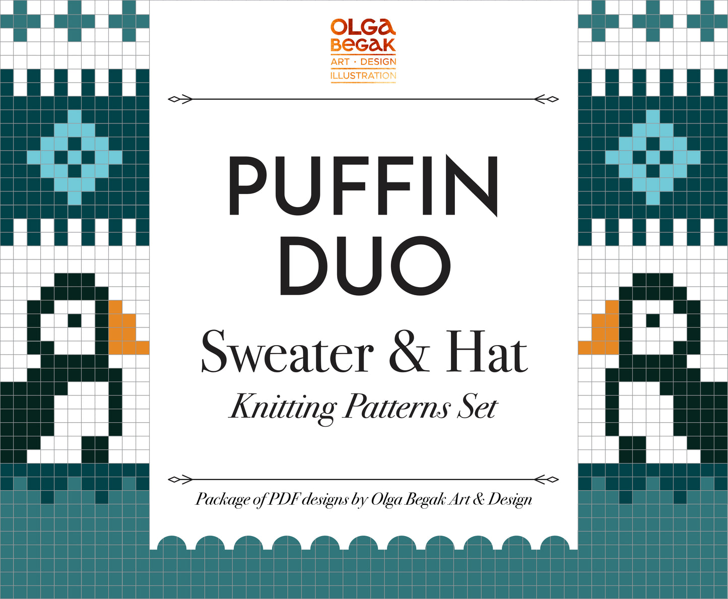 A product image for the PUFFIN DUO Icelandic Lopapeysa Sweater & Hat Knitting Patterns Set, featuring a colorful knitted hat and sweater with a puffin design, and the text 'Adult Hat & Sweater Knitting Patterns Set'.