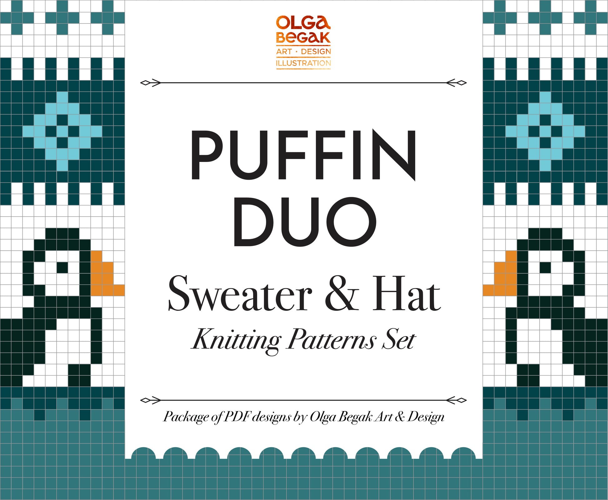 A product image for the PUFFIN DUO Icelandic Lopapeysa Sweater & Hat Knitting Patterns Set, featuring a colorful knitted hat and sweater with a puffin design, and the text 'Adult Hat & Sweater Knitting Patterns Set'.