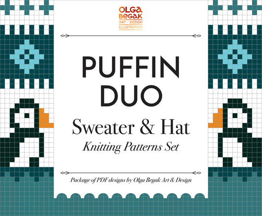 A product image for the PUFFIN DUO Icelandic Lopapeysa Sweater & Hat Knitting Patterns Set, featuring a colorful knitted hat and sweater with a puffin design, and the text 'Adult Hat & Sweater Knitting Patterns Set'.