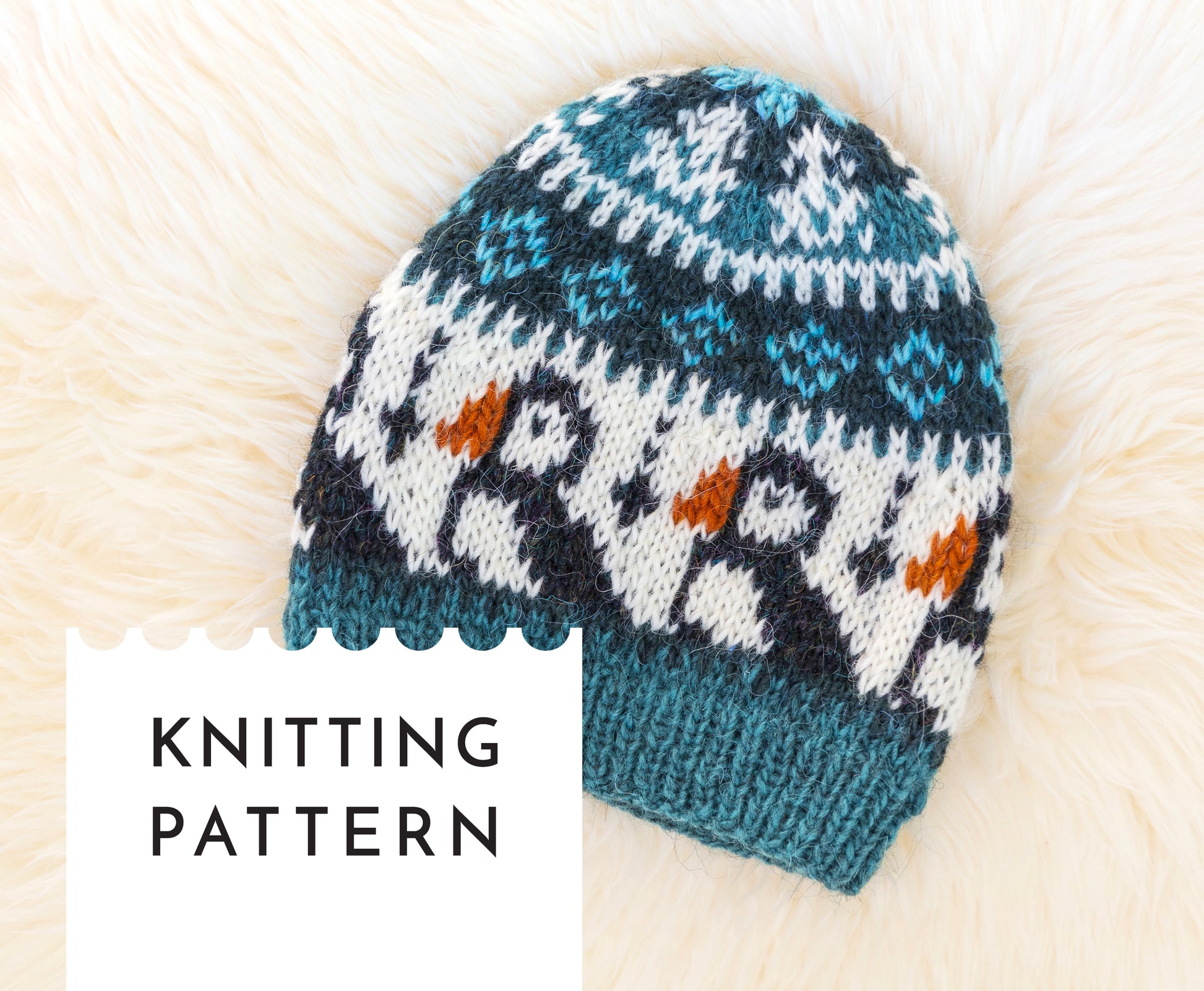 A hand-knitted wool hat with a geometric pattern featuring puffins in blue, black, and brown colors on a white background with KNITTING PATTERN lable