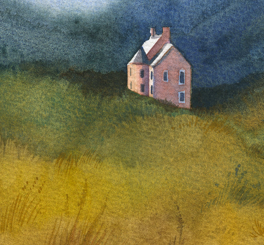 Pink Cottage by the Mountain — Watercolor Landscape Art Print (QP04)