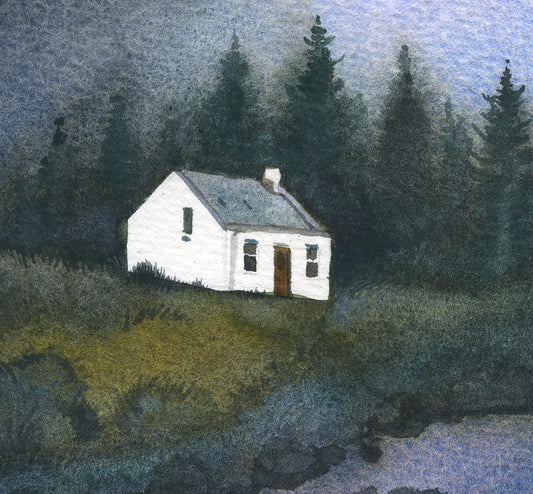 Watercolor Landscape Art Print — White Cottage by the Forest (QP06)