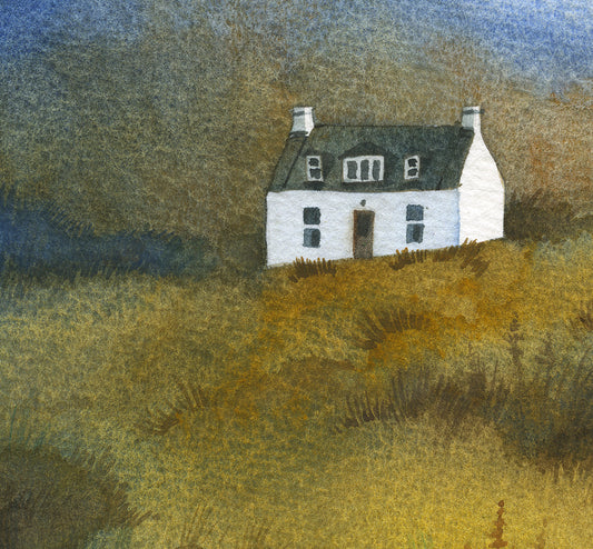 Nordic Watercolor Landscape Art Print — White Cottage in the Field (QP07)