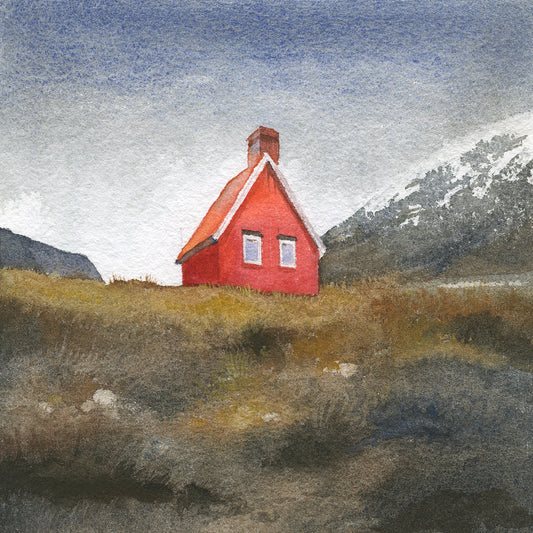 small red house on the hill, watercolor nordic landscape