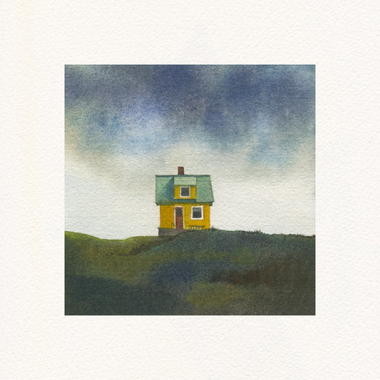 small yellow house on the hill with blue sky above, watercolor landscape