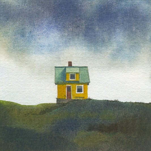 Painting of a small yellow house on a hill with a blue sky.