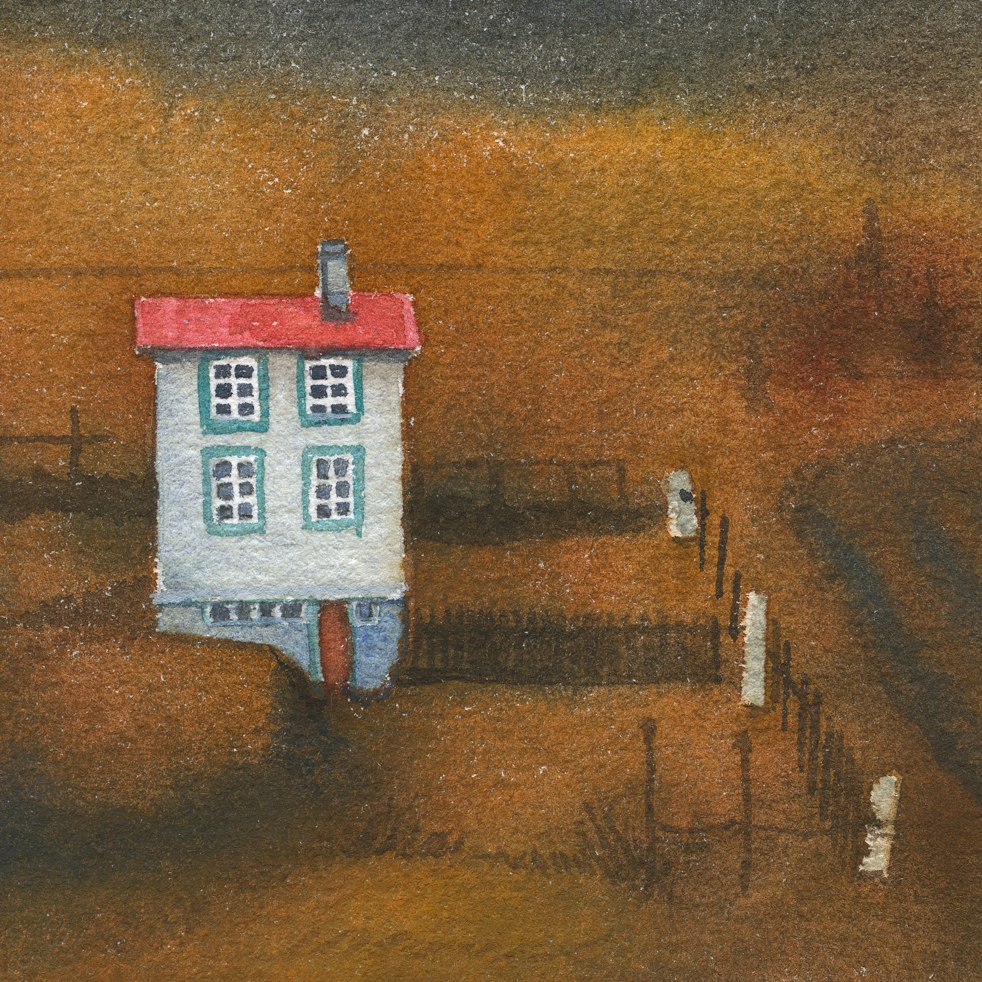 Small house with red roof beneaf the mountain, watercolor landscape