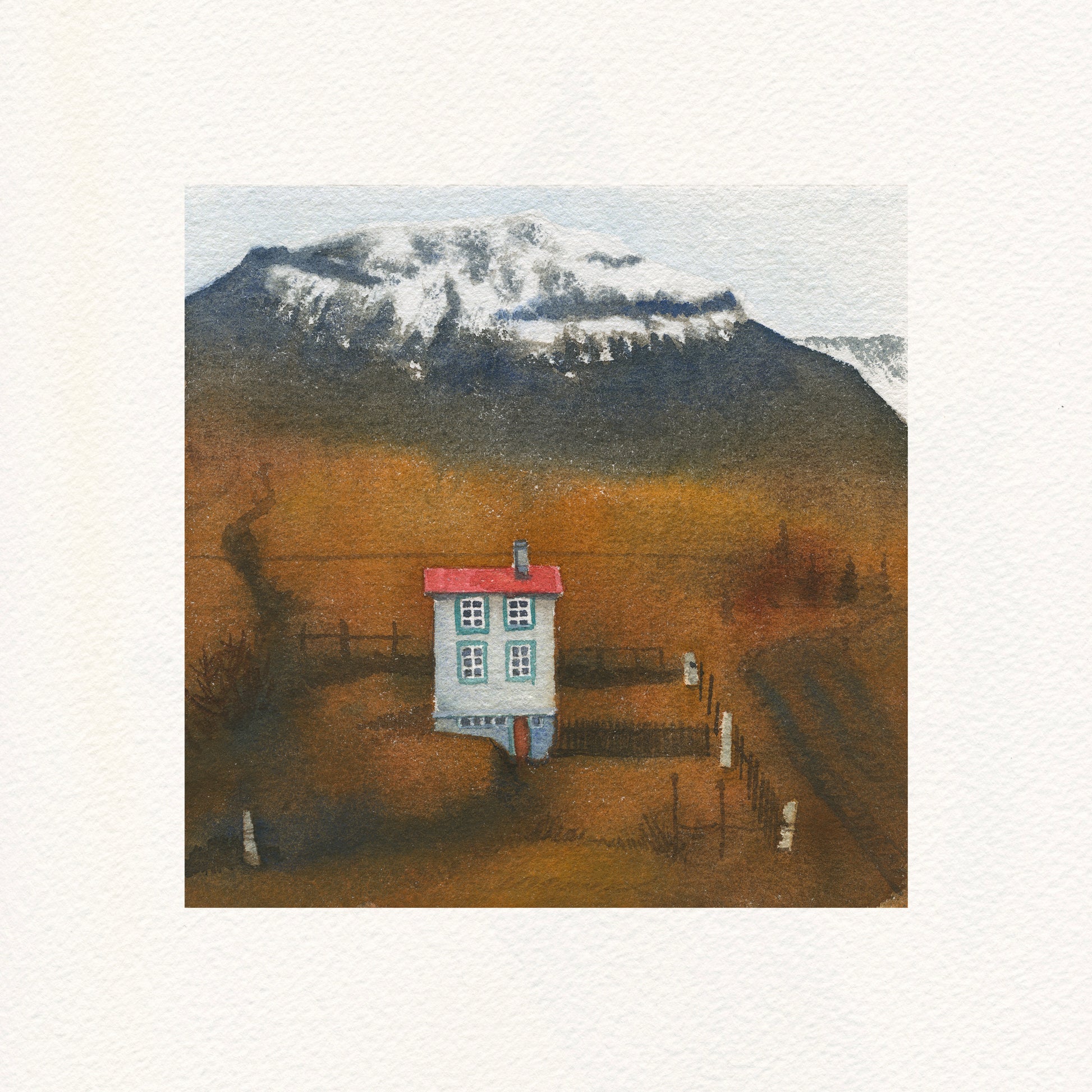 small house with red roof beneaf the mountain, watercolor landscape