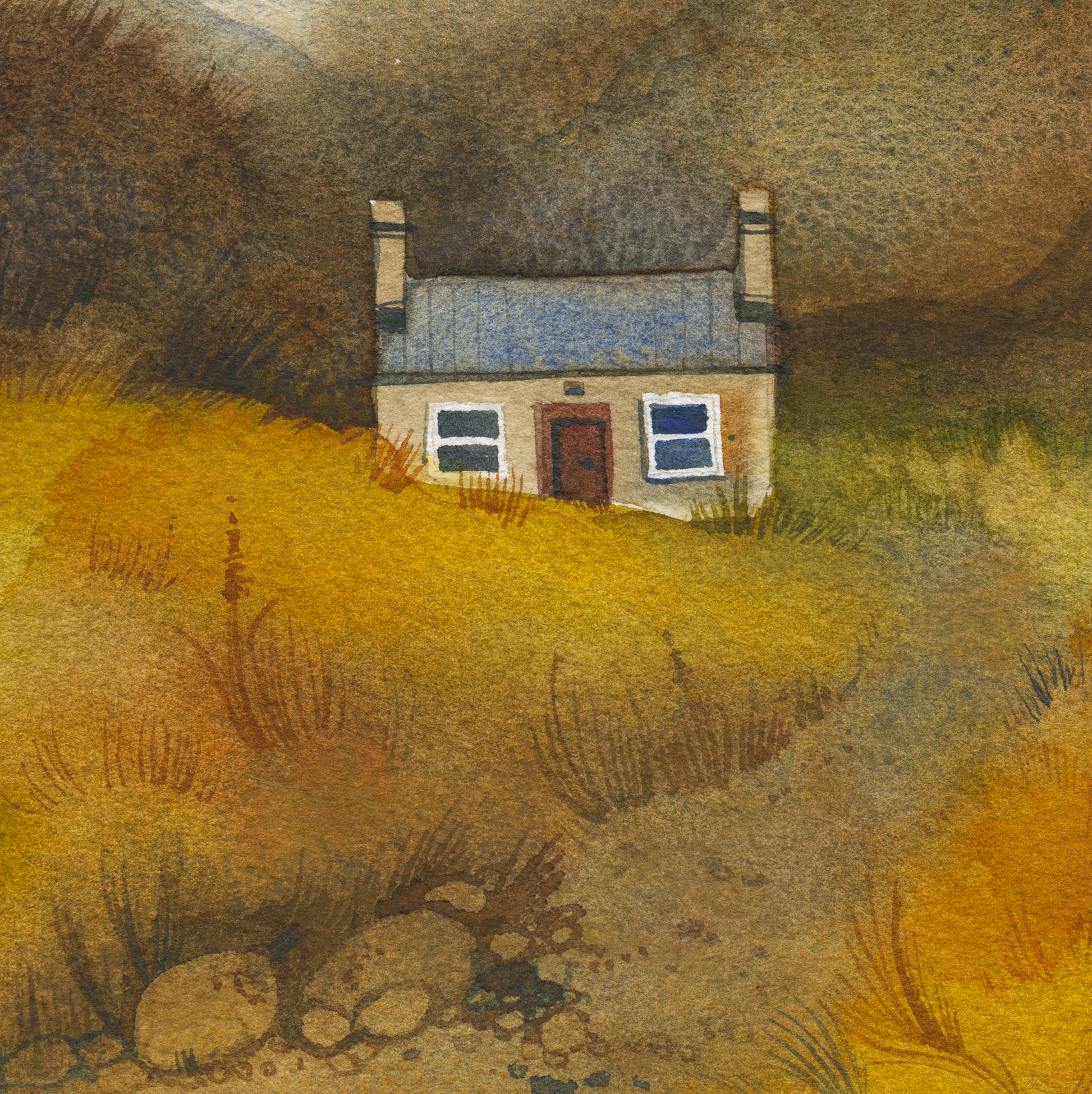 detail of a watercolor painting with small bothy in the field with a road leads to the house and mountains on the background