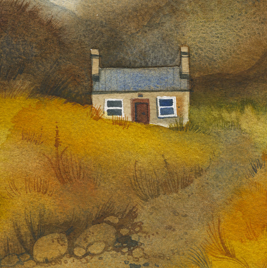 detail of a watercolor painting with small bothy in the field with a road leads to the house and mountains on the background