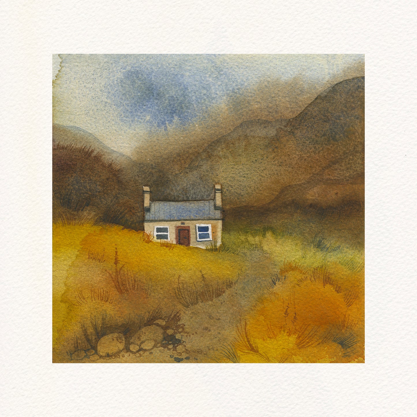 watercolor painting of a small house in a mountainous landscape with brown and blue tones.